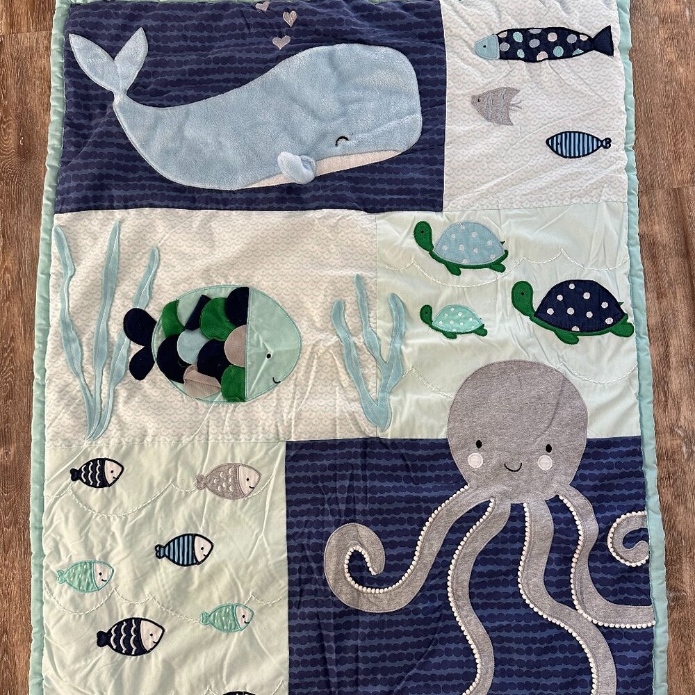 Lambs & Ivy Oceania Crib Quilt Baby Blanket‎ Whale Octopus Fish Blue Gray